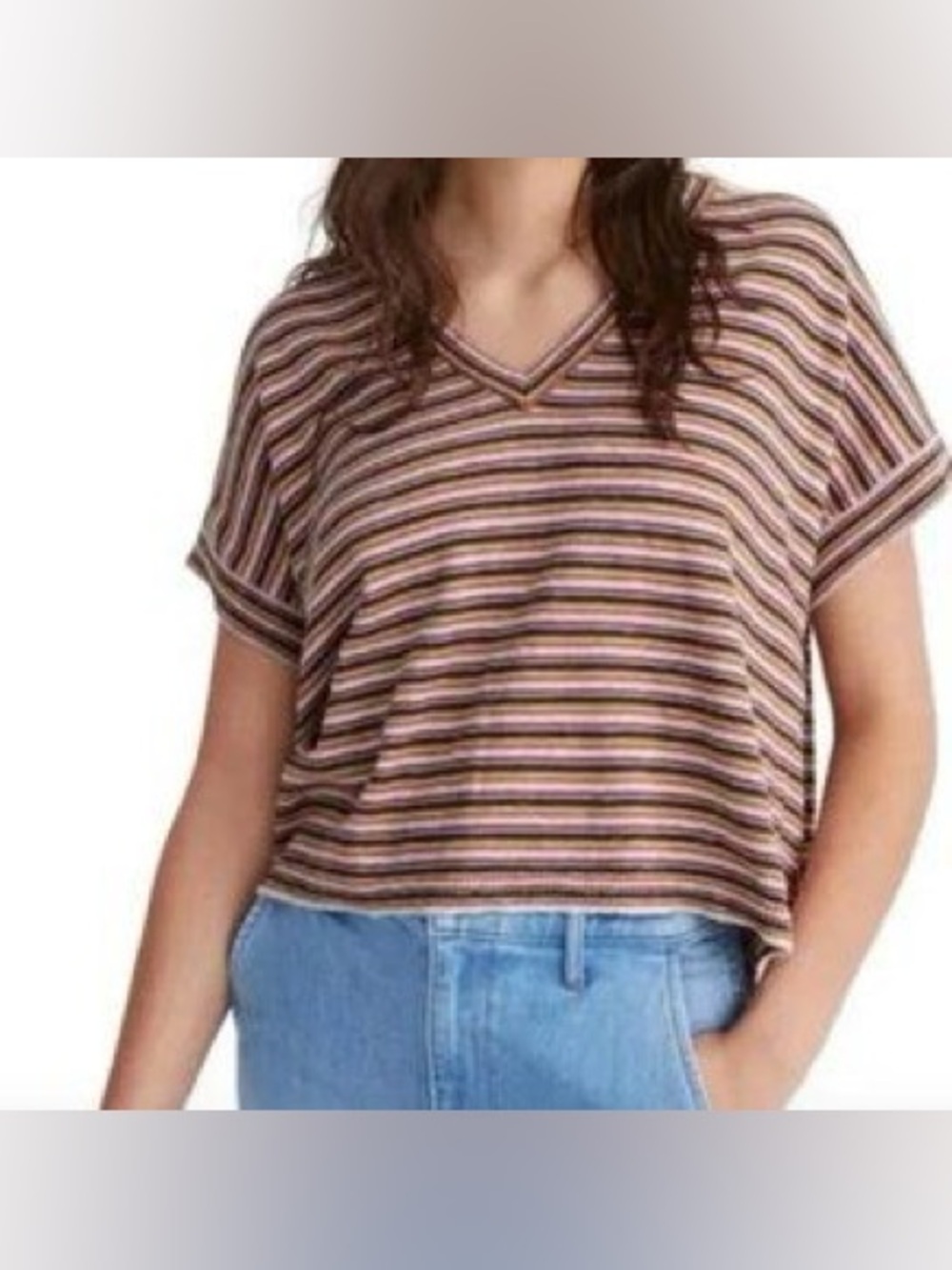 Madewell Striped V-Neck Short Sleeve Top Knit T shirt Brown Pink cropped Tee